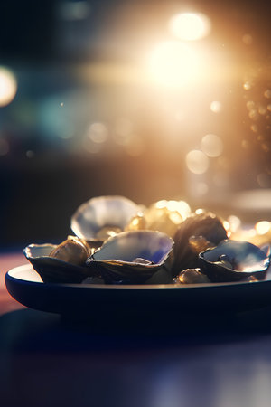 Close up of fresh oysters on plate with bokeh backgroundの素材