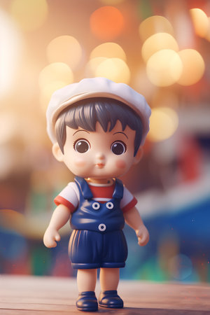 cute little boy in cap and blue dress on bokeh backgroundの素材