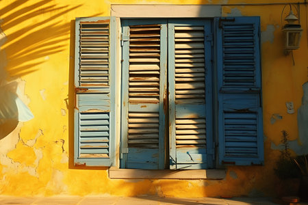 Wooden shutters on the yellow wall of a house in Tunisiaの素材