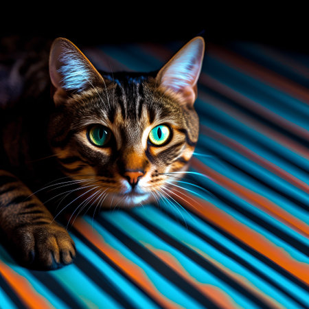 Beautiful cat with green eyes on a background of blue stripes.の素材