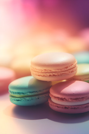 Colorful macarons on pastel background. Toned.の素材
