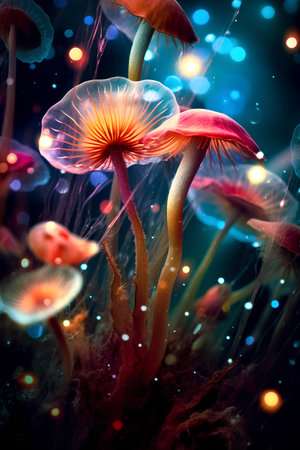 3D Illustration of Psychedelic Fungi in abstract backgroundの素材