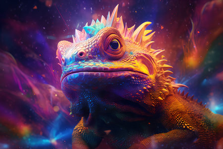 Colorful iguana on colorful background. 3D illustration. Fantasy.の素材