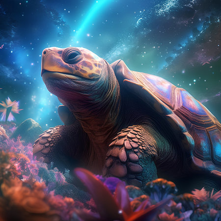 Turtle on the background of the starry sky. 3D renderingの素材
