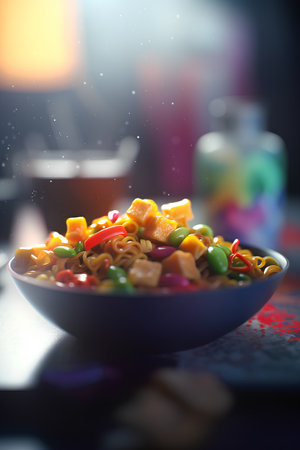 Colorful pasta in a bowl on a dark background. Selective focus.の素材