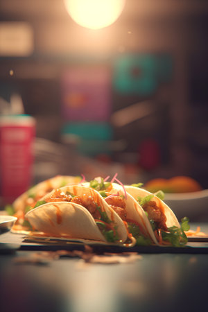 Mexican tacos with chicken meat and vegetables. Toned image.の素材