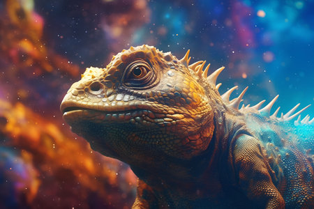 Iguana on cosmic background. 3D illustration. Fantasy animal.の素材