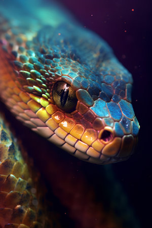 3D illustration of a colorful snake with beautiful eyes, close-upの素材