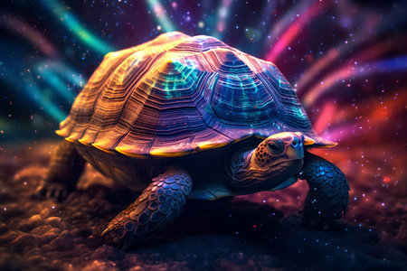 3D rendering of a giant tortoise in the starry spaceの素材