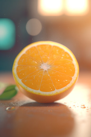 Orange fruit on wooden table with bokeh light background, stock photoの素材