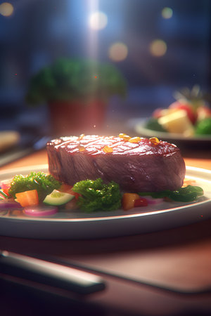 Grilled beefsteak with vegetables on a plate. 3d renderingの素材