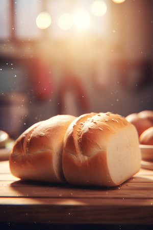 Bread on the wooden table in the kitchen. Soft focus.の素材