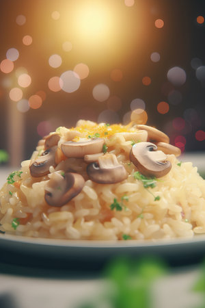 Risotto with mushrooms and cream cheese on a dark background.の素材