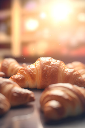 Freshly baked croissants on a table in a bakery.の素材