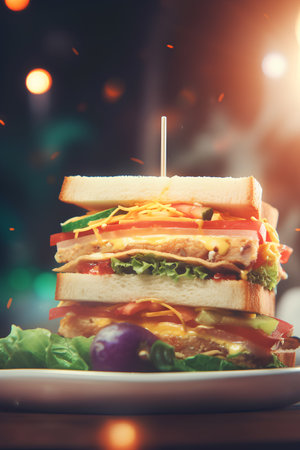 Sandwich with chicken, cheese and vegetables on a dark background.の素材