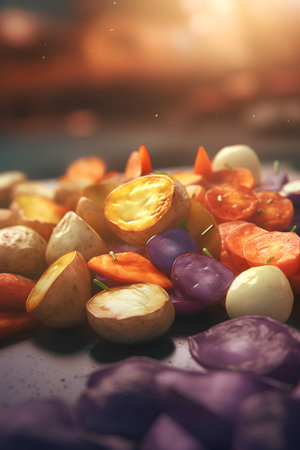 Potatoes, carrots, onions and sweet potatoes on a dark backgroundの素材