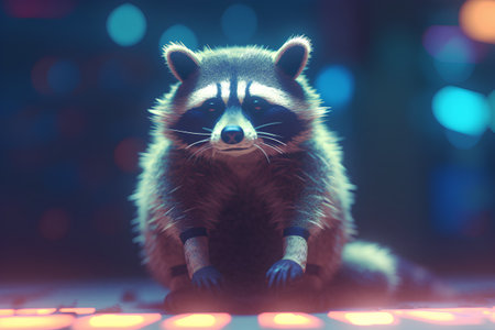 Raccoon sitting on floor in dark room with glowing lights.の素材