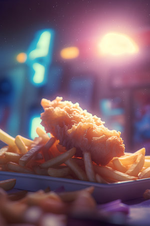 Fried fish and chips on the table. Fast food concept.の素材