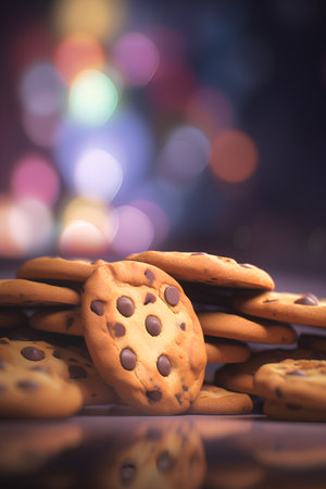 Chocolate chip cookies on bokeh background with copy space.の素材