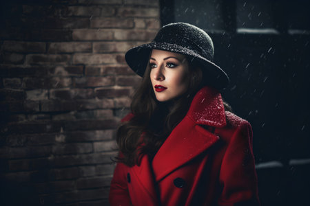 Beautiful young woman in a red coat and hat posing in the rain.の素材
