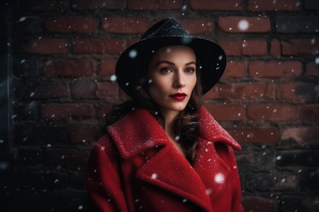 Portrait of a beautiful young woman in a red coat and hatの素材