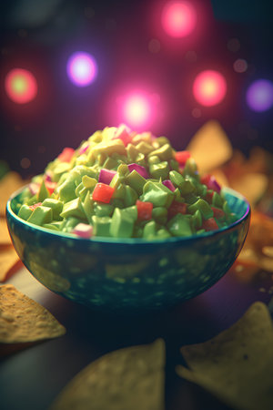 Nachos and guacamole in bowl on dark backgroundの素材
