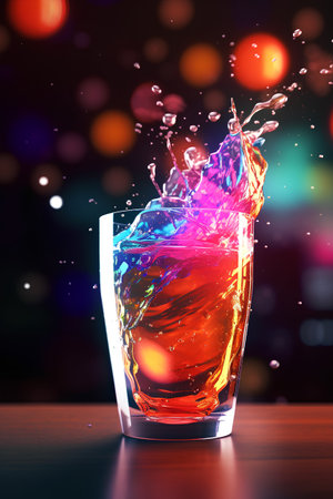 Colorful cocktail splashing out of glass. 3D rendering.の素材