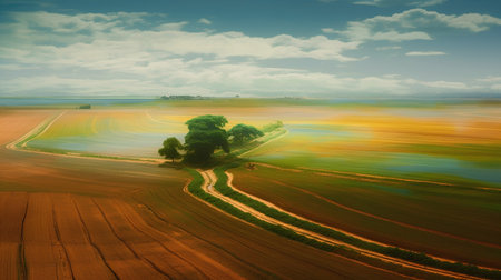 Aerial view of a rural landscape with a tree in a fieldの素材