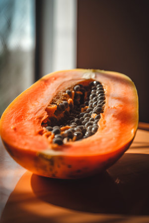 Papaya fruit on the windowsill. Selective focus.の素材