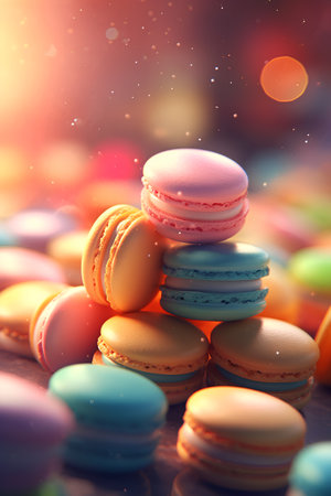 Colorful macaroons on a bokeh background. 3d renderingの素材