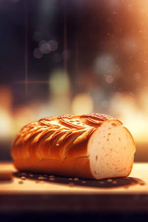 Freshly baked loaf of bread on a wooden table with blurred backgroundの素材