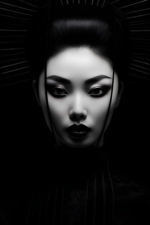 3d illustration of a beautiful asian woman with black hair on black backgroundの素材