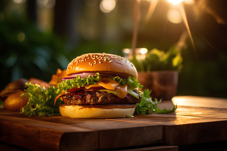 Delicious hamburger with fresh vegetables on wooden table at sunset.の素材