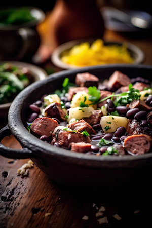 Chili con carne, traditional mexican dish made with black beans, cilantro, potatoes and sausageの素材
