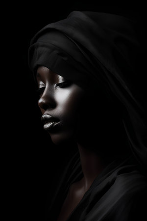 Portrait of beautiful black woman with headscarf on black backgroundの素材