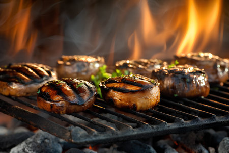 Grilled champignons on a barbecue grill with flames in the backgroundの素材