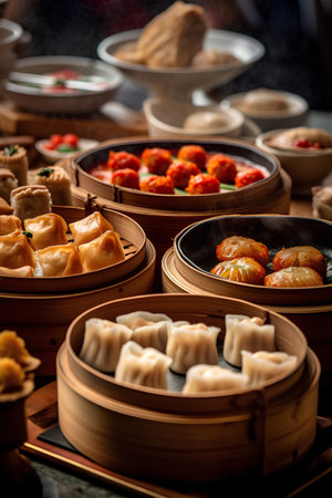 Chinese dim sum in bamboo steamer, traditional chinese food.の素材