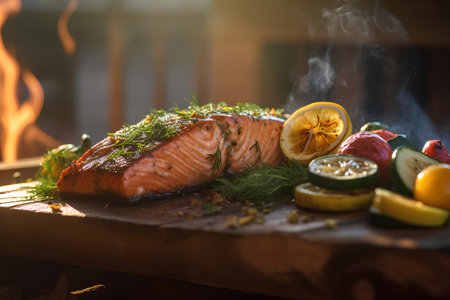 Salmon fillet with lemon and herbs on a wooden board.の素材