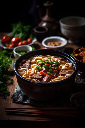 Asian style noodles soup with beef and vegetables in a bowl on a wooden tableの素材