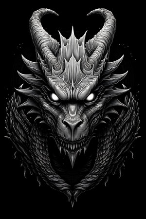 Dragon head. Tattoo art design on black background. Vector illustration.の素材