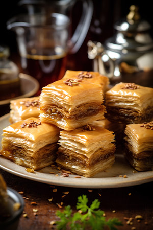 Traditional turkish dessert baklava with cashew, walnuts.の素材