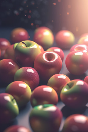 Red apples and green apples on a dark background. 3d renderingの素材