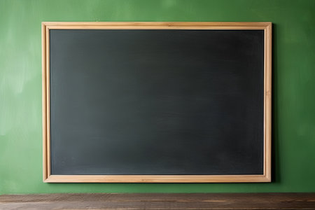 Empty blackboard on wooden table and green chalkboard in the backgroundの素材