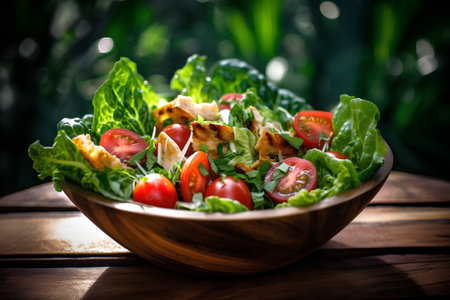 Fresh salad with cherry tomatoes and croutons in a wooden bowlの素材