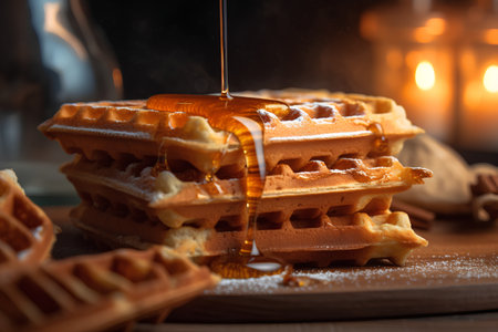 Belgian waffles with honey on a wooden background. Selective focus.の素材
