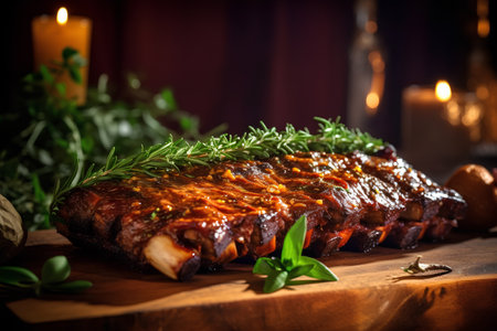 Barbecue Ribs with rosemary and spices on a wooden boardの素材