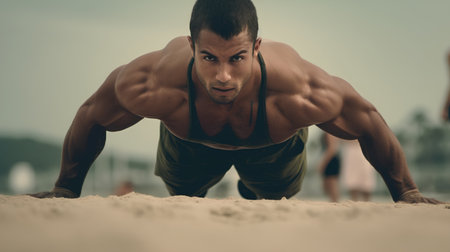 Handsome young man doing push-ups on the beach.の素材