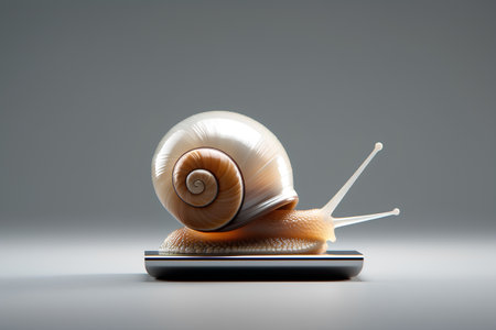 Snail on a mobile phone. 3d illustration. Isolated on gray background.の素材