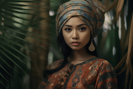 Beautiful asian woman in a headscarf in the jungleの素材
