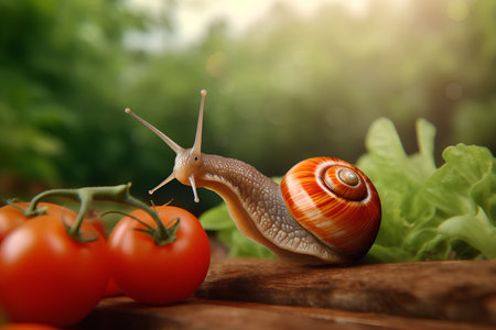 Snail and tomatoes on wooden table in garden. Gardening conceptの素材